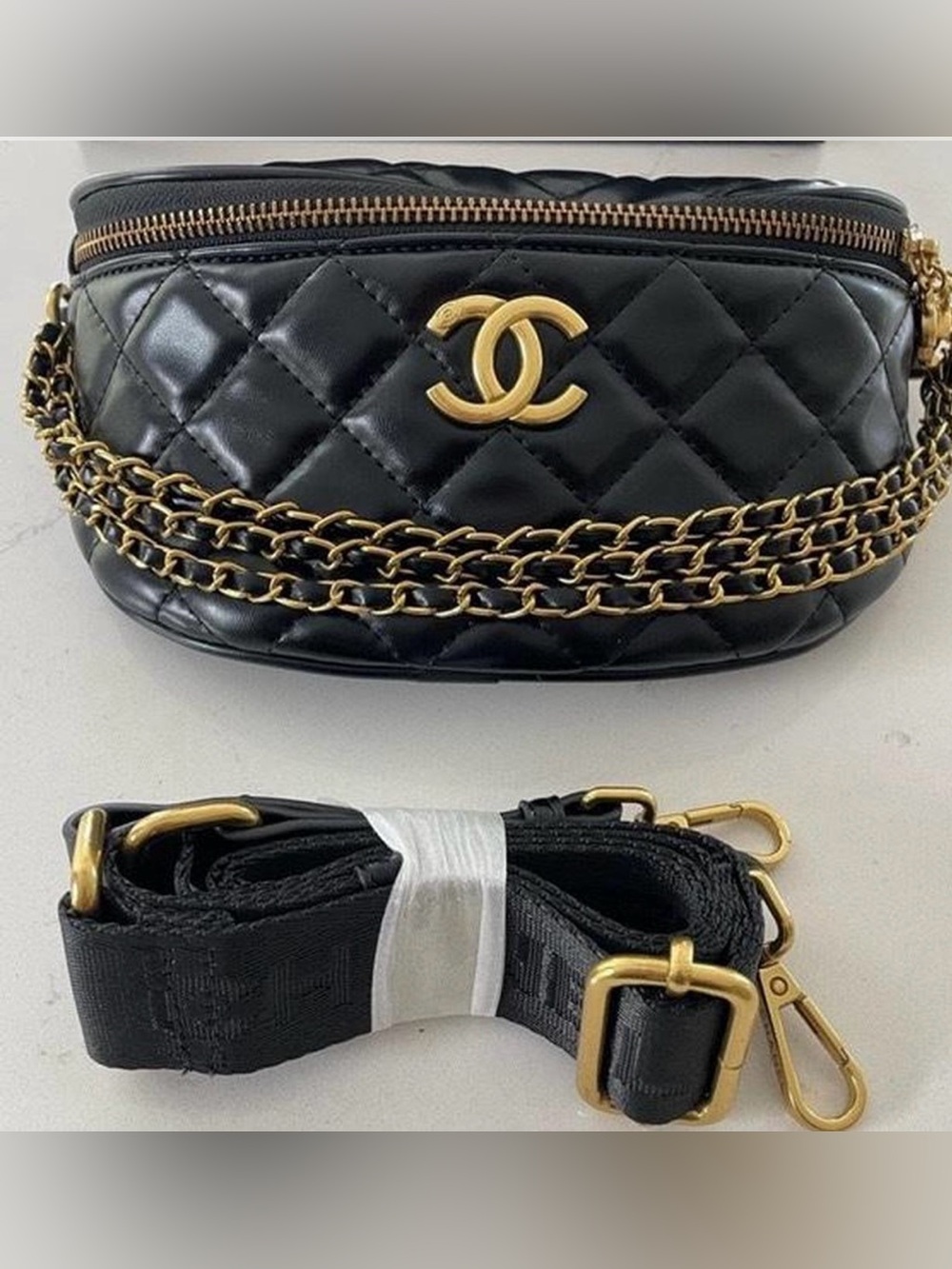 GWP CC Black Quilted Leather Crossbody Bag with Gold Chain